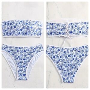 Blue Floral Bandeau High Waisted Bikini Set